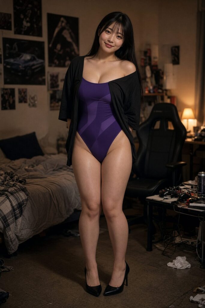 パープルの競泳水着で照れ笑いする黒髪ロングの彼女