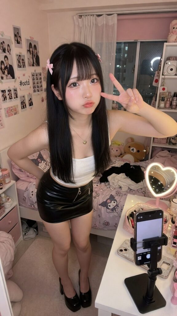 ツインテールでダブルピースするレザーミニスカのギャル