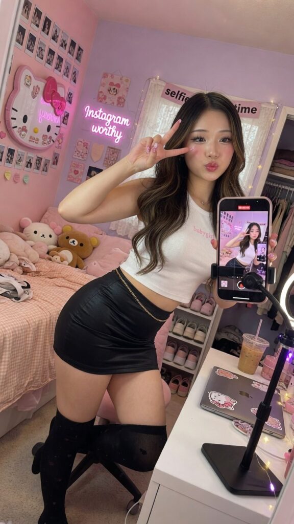 ピンクの部屋でスマホを構えてピースするレザーミニスカのギャル