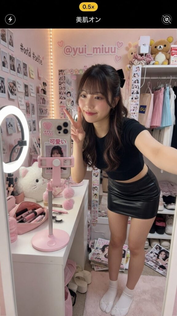 撮影アプリの画面のような構図でピースする黒いミニスカのギャル