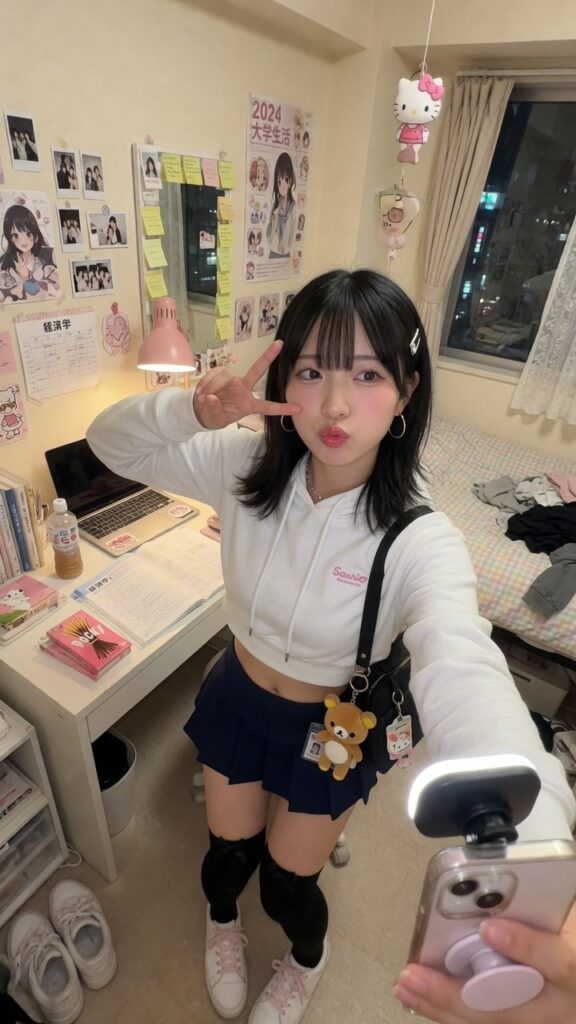白シャツとネイビーのミニスカートで自撮りするギャル